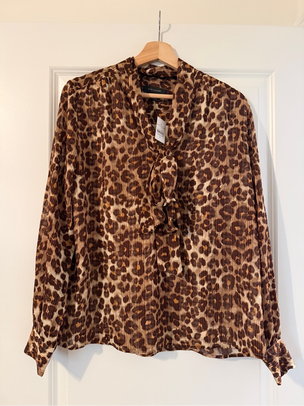 Ann Taylor Leopard Print Tie Neck Blouse - Brown/Beige